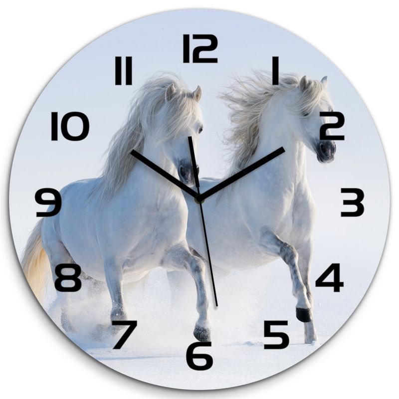 Zegar szklany Tulup Dwa konie w śniegu czarne wskazówki fi30 cm cichy 1 szt.