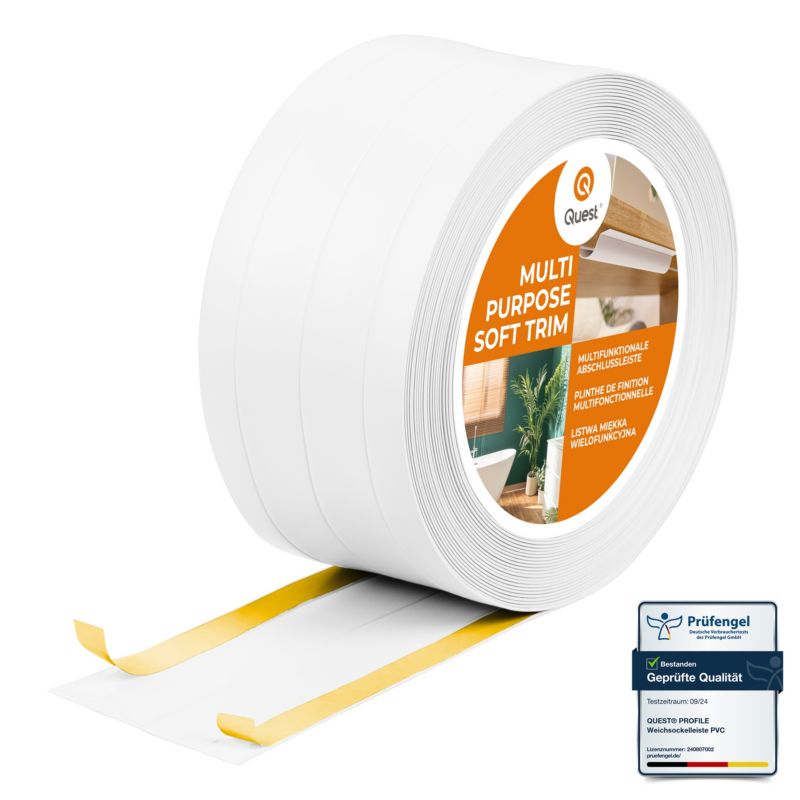Listwa wykończeniowa W3 z PCV 4w1 95mm, QUEST samoprzylepna, maskująca elastyczna listwa podłogowa, ścienna, biały, 10m