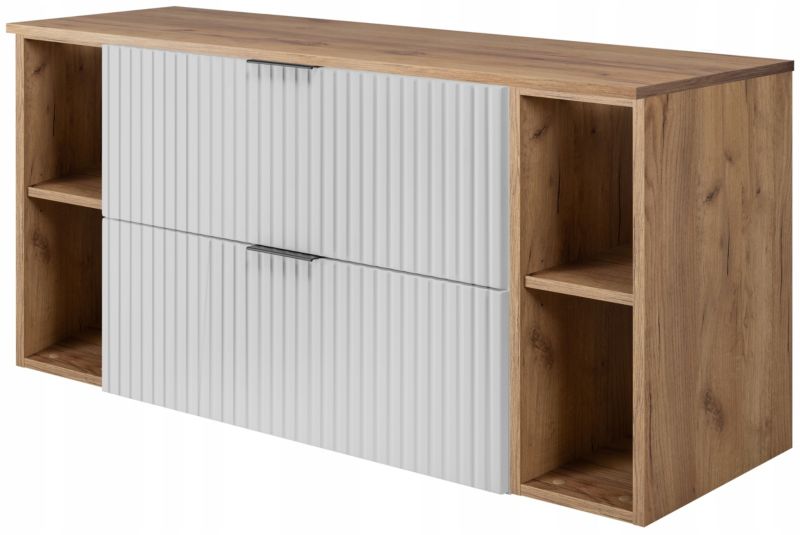 Szafka łazienkowa Furnidea 120 cm wisząca biała z blatem i regałami dąb craft Flow 1 szt.