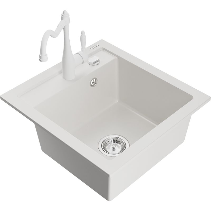 Zlewozmywak granitowy 1-komorowy Mexen Vito z baterią kuchenną Carla biały 6503-20-670700-20