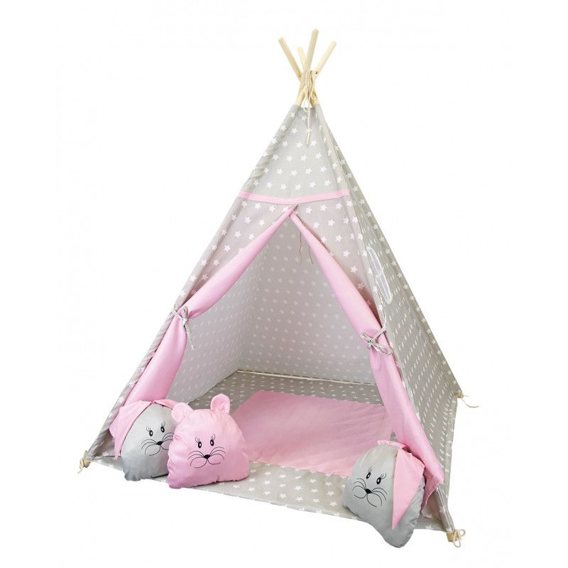 Namiot Szaro-Różowy Tipi PREMIUM 4iQ Group Dla Dzieci Królik Z Poduszkami 1szt.