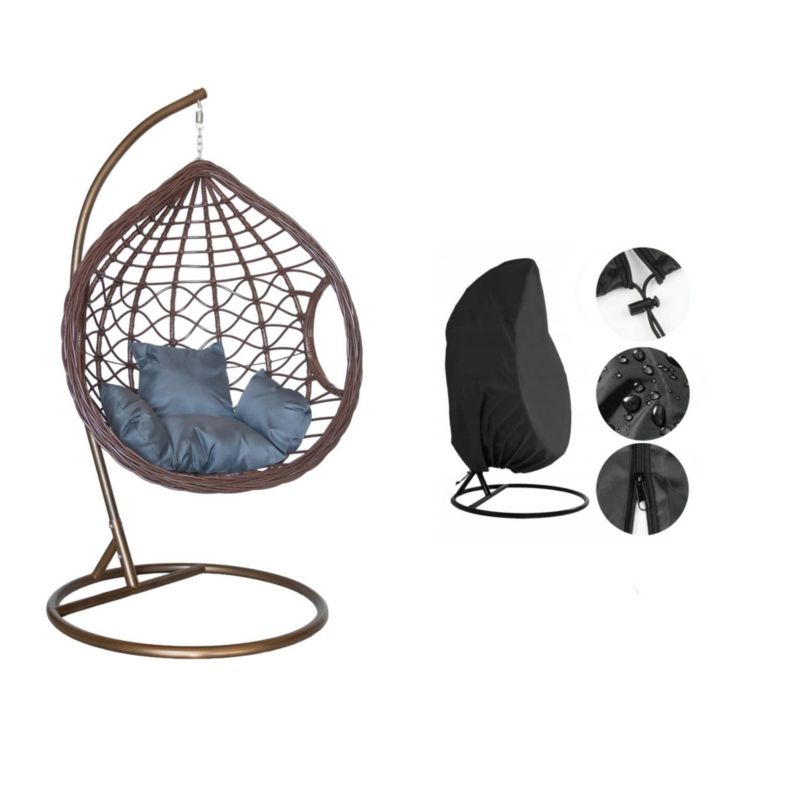 Fotel ogrodowy wiszący Bettso Nest z szarą poduszką i pokrowcem przeciwdeszczowym brązowy 1szt.