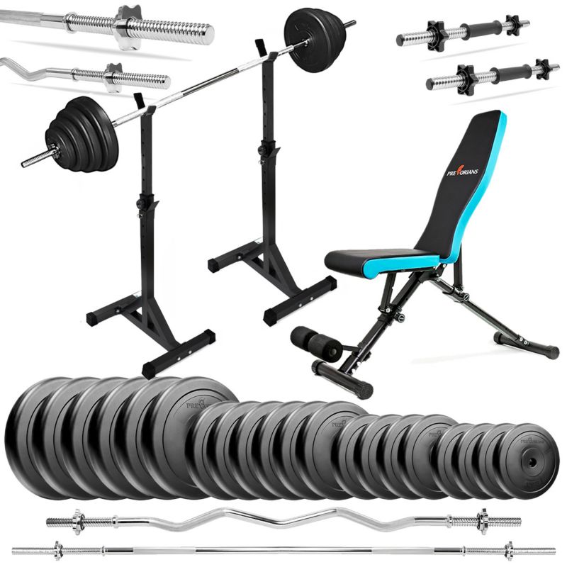 Zestaw do ćwiczeń Pretorians 143 kg ławka treningowa stojaki, gryfy, obciążenia 105 kg