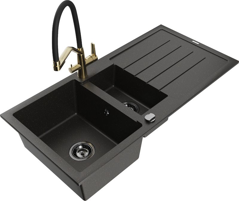 Zlewozmywak granitowy Mexen Andres 1,5-komorowy z ociekaczem i baterią kuchenną Duo szary - 6515-71-671701-57-B 1 szt.