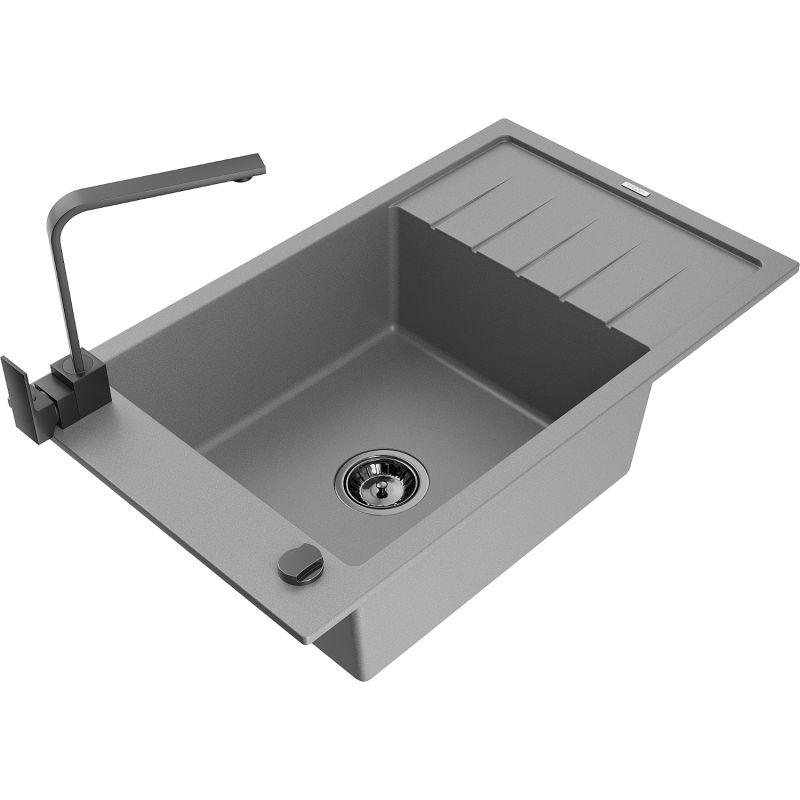 Zlewozmywak granitowy 1-komorowy Mexen Elias z ociekaczem i baterią kuchenną Rita szary - 6511-71-670300-70 1 szt.