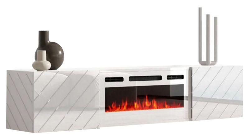 Szafka RTV z kominkiem MIRJAN 24 Luxe biały + biały kominek 1 szt.
