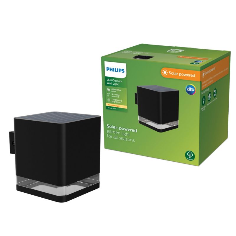 Kinkiet Ogrodowy Philips Lampa Solarna Elewacyjna Zewnętrzna LED 1.8W 200lm 2700K z Czujnikiem Zmierzchu Czarna 1 szt.