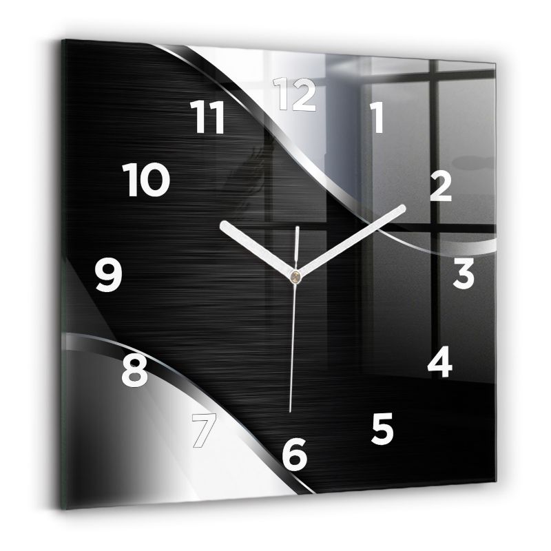 Zegar z białymi wskazówkami Wallfluent 30x30 cm Czarno srebrne linie Szklany 1 szt.