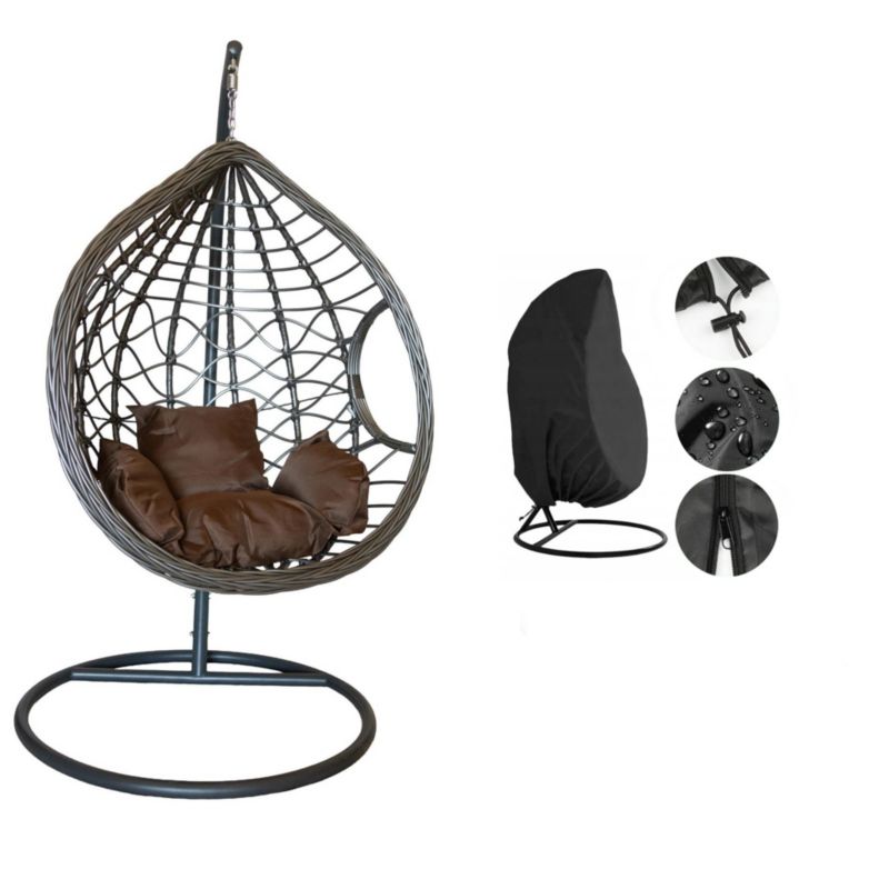 Fotel ogrodowy wiszący Bettso Nest z brązową poduszką i pokrowcem przeciwdeszczowym szary 1szt.