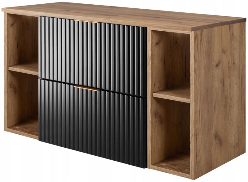 Szafka łazienkowa Furnidea 100 cm wisząca pod umywalkę czarna z regałami i blatem dąb craft złoty FLOW 1 szt.