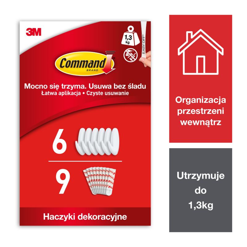 Średnie haczyki ozdobne 3M Command 6 haczyków, 9 średnich pasków