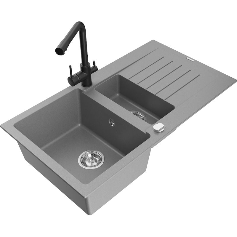 Zlewozmywak granitowy 1.5-komorowy Mexen Matias z ociekaczem i baterią kuchenną Duero szary 6502-71-671600-70