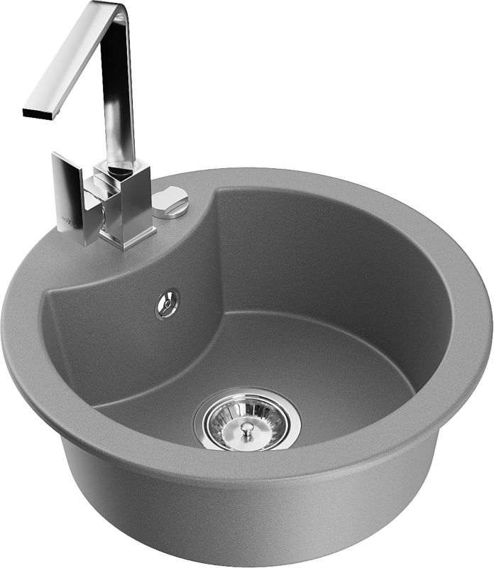 Zlewozmywak granitowy Mexen Diego 1-komorowy z baterią kuchenną Rita szary 6512-71-670300-00