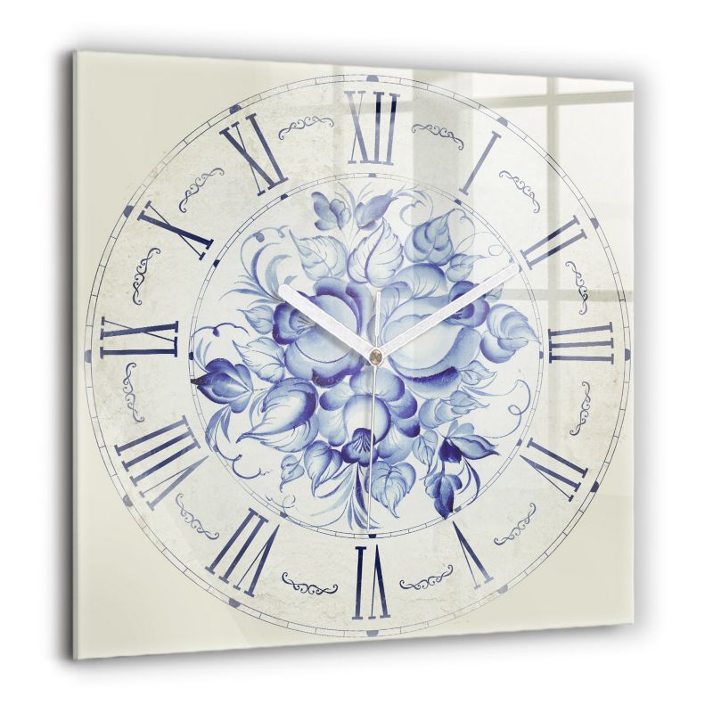 Zegar szklany białe wskazówki Wallfluent 60x60 cm Niebieskie kwiaty 1 szt.