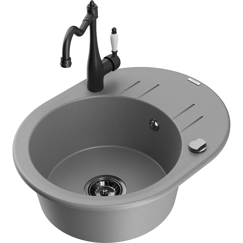 Zlewozmywak granitowy 1-komorowy Mexen Kevin z ociekaczem i baterią kuchenną Carla szary 6517-71-670700-70-B