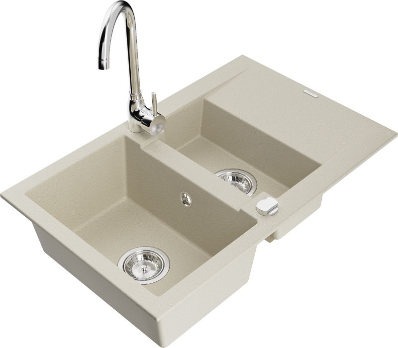 Zlewozmywak granitowy Mexen Gaspar 1,5-komorowy z ociekaczem i baterią kuchenną Telma beżowy 6507-69-670200-00