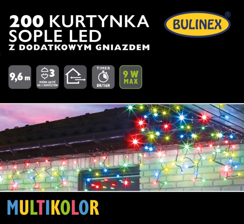 Kurtyna zewnętrzna Bulinex sople 200 LED 9,6 m multikolor