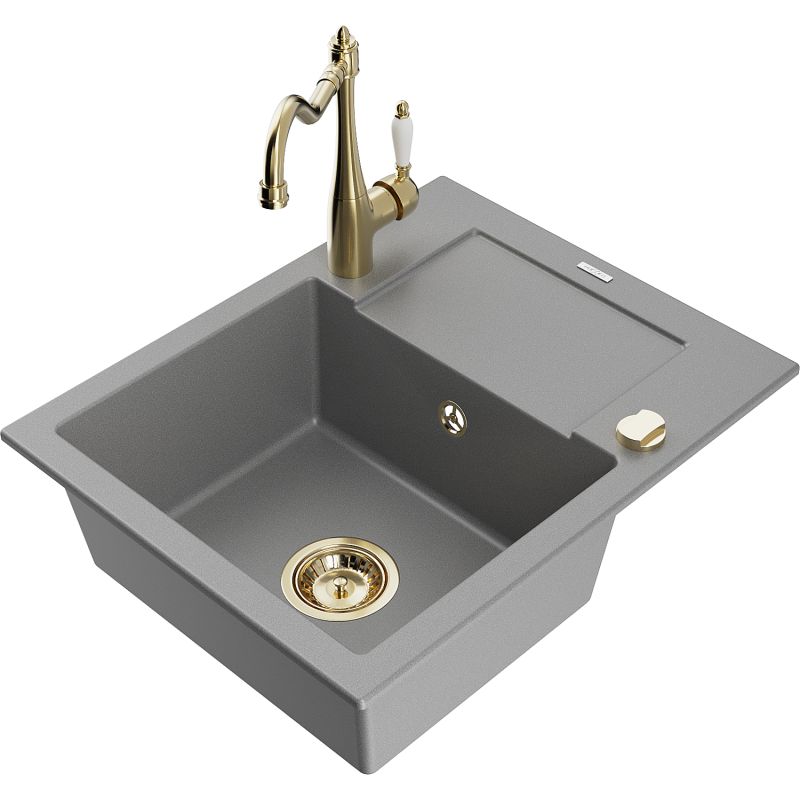 Zlewozmywak granitowy 1-komorowy Mexen Enzo z ociekaczem i baterią kuchenną Carla szary 6506-71-670700-50