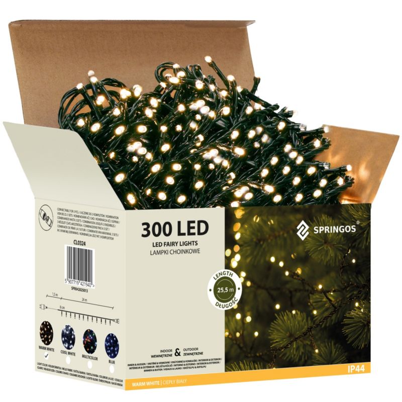 Lampki choinkowe Springos 300 led biały ciepły 25,5m oświetlenie świąteczne IP44 1 szt.