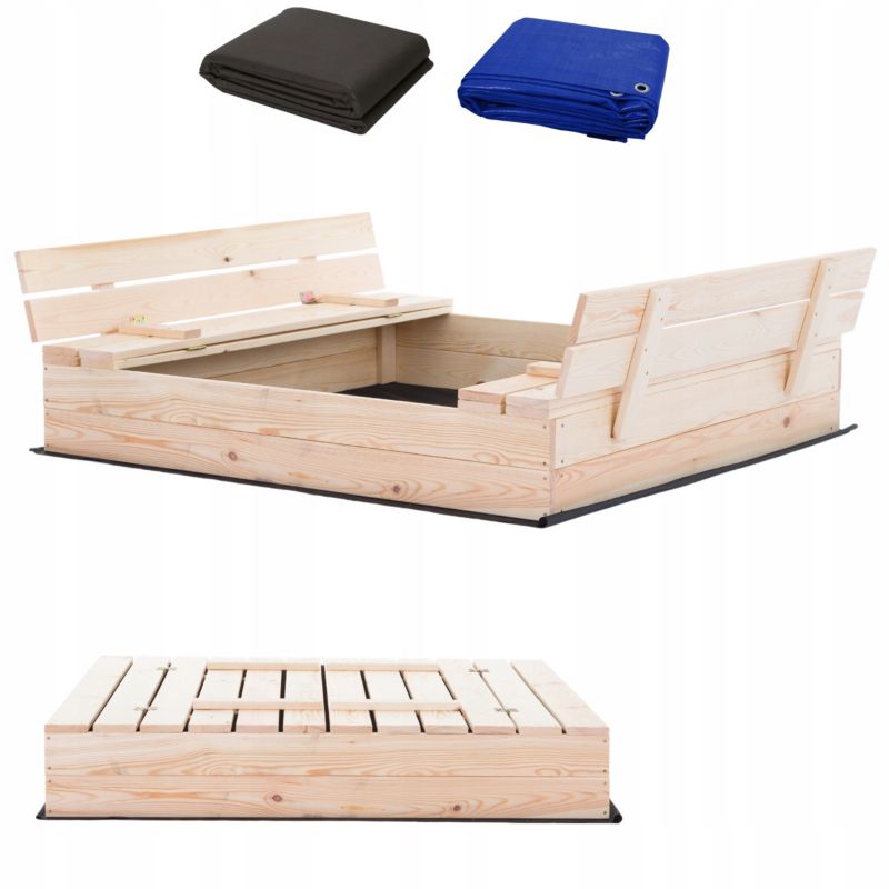 PIASKOWNICA ZAMYKANA DREWNIANA Z ŁAWECZKAMI PREMIUM 120x120cm + GRATISY