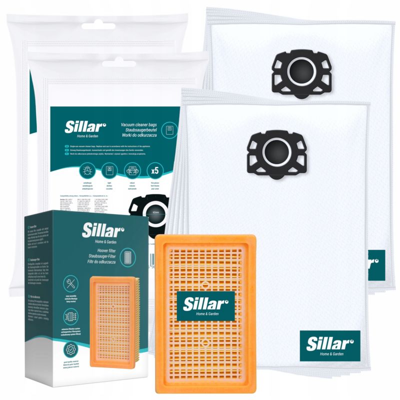 Worki do odkurzacza, Sillar, syntetyczne + 1x filtr, zamienniki do Karcher MV4-MV6 WD4-WD6 KWD4-6, zestaw, 11szt