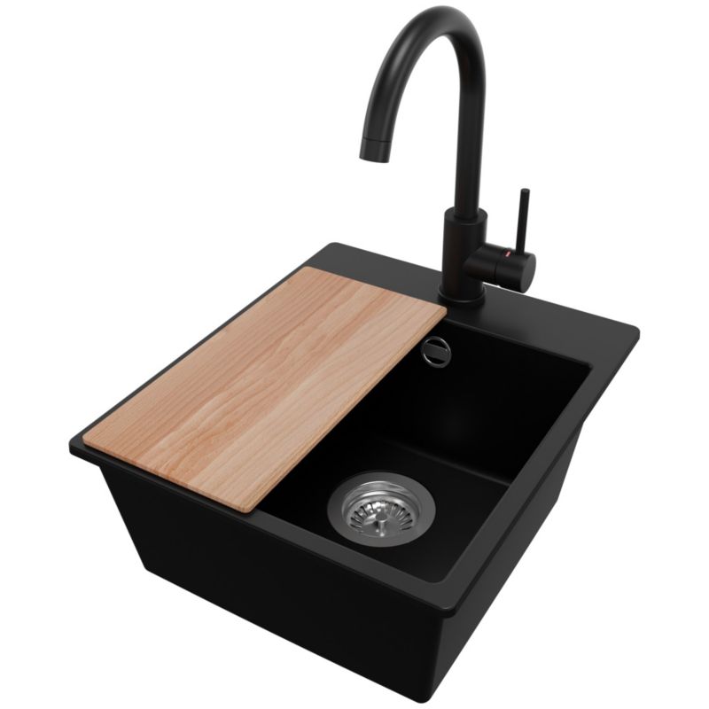 Zlewozmywak Granitowy Ryga Easy PRIMAGRAN Nablatowy 38x44cm do szafki od 40cm z Syfonem i Baterią i Dodatkiem Czarny 1 szt.