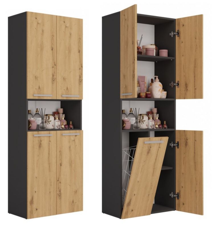 Szafka Łazienkowa Topeshop Słupek Nel DK 1K Kosz Antracyt Dąb Artisan 30x60x174 cm 1 szt.