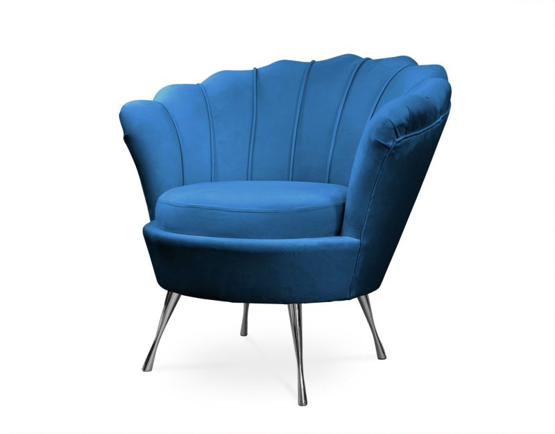 Fotel tapicerowany Bettso Muszelka na srebrnej nodze do salonu niebieski 1szt.