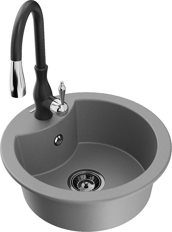 Zlewozmywak granitowy Mexen Diego 1-komorowy z baterią kuchenną Savita szary 6512-71-672601-70-B