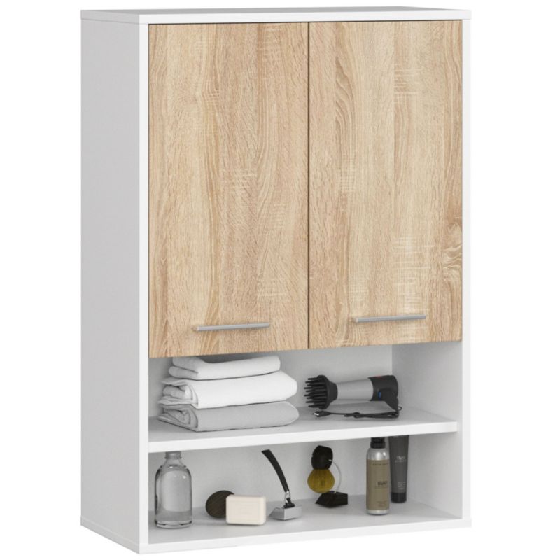 Szafka łazienkowa wisząca AKORD FIN Biała, Dąb Sonoma 64 cm 2 drzwi 4 półki 64x30x94 cm 1 szt.