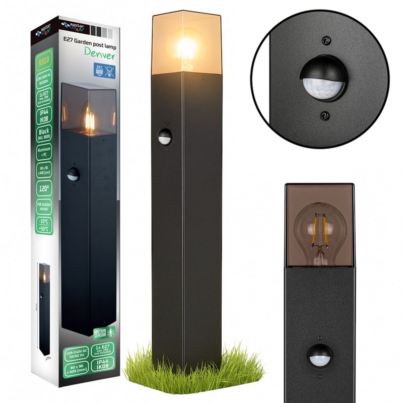 Lampa ogrodowa LED MasterLED Denver E27 60cm IP44 IK08 z czujnikiem ruchu PIR czarna 1 szt.