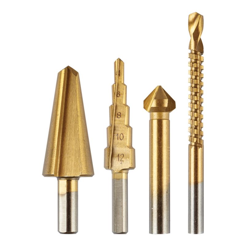 Wiertła stopniowe, zestaw GRAPHITE 4-12 mm, rozwiertak 12,4 mm, frezowiertło 6x90 mm, pogłębiacz stożkowy 8-20 mm, 1 kpl