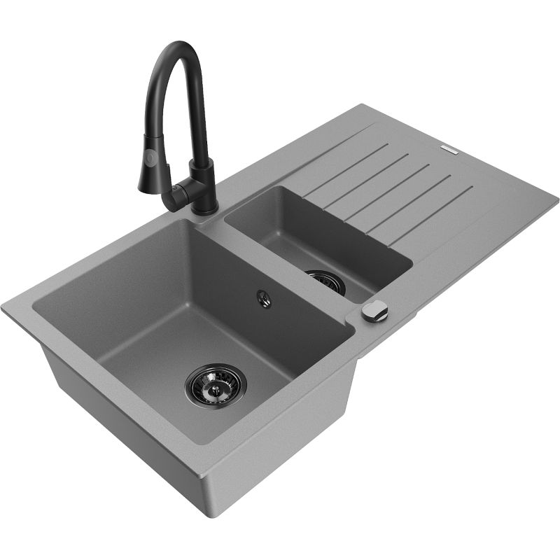 Zlewozmywak granitowy 1.5-komorowy Mexen Matias z ociekaczem i baterią kuchenną Elia szary 6502-71-670101-70-B