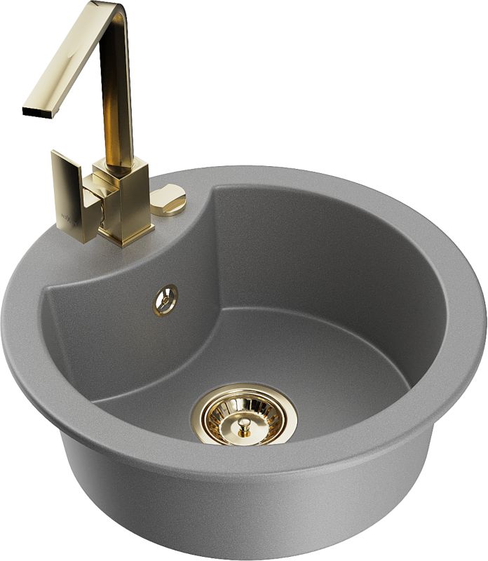 Zlewozmywak granitowy Mexen Diego 1-komorowy z baterią kuchenną Rita szary 6512-71-670300-50
