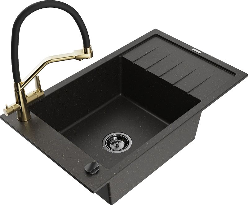 Zlewozmywak granitowy Mexen Elias 1-komorowy z ociekaczem i baterią kuchenną Duo szary - 6511-71-671701-57-B 1 szt.