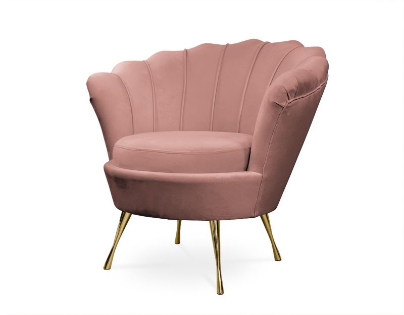 Fotel tapicerowany Bettso Muszelka na złotej nodze do salonu brudny róż 1szt.