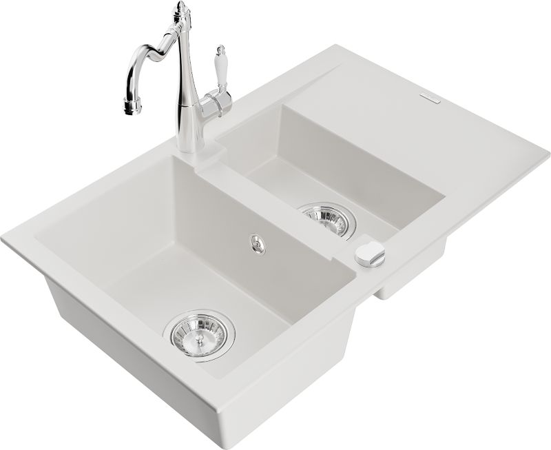 Zlewozmywak granitowy Mexen Gaspar 1,5-komorowy z ociekaczem i baterią kuchenną Carla biały 6507-20-670700-00