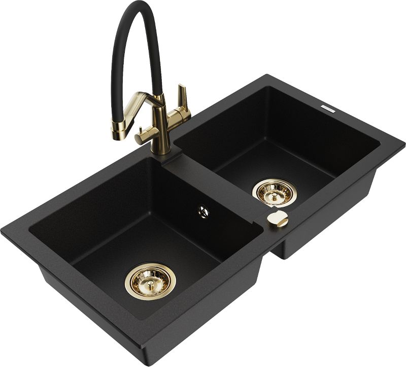 Zlewozmywak granitowy Mexen Mario 2-komorowy z baterią kuchenną Rita szary - 6504-71-670300-70 1 szt.