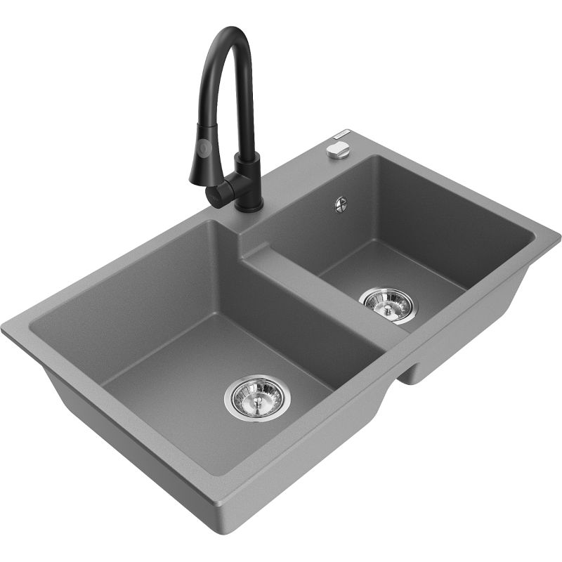 Zlewozmywak granitowy 2-komorowy Mexen Tomas z baterią kuchenną Elia szary - 6516-71-670101-00 1 szt.