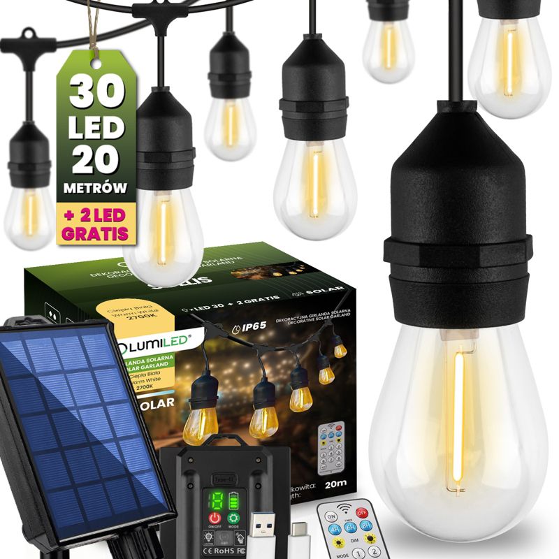 Girlanda Solarna Lumiled Ogrodowa 15x LED Ozdobne Żarówki 10m IP65 2700K z Pilotem 1 szt.