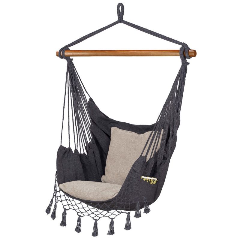 Hamak brazylijski z poduszkami Springos 130x100cm fotel wiszący szaro-beżowy 1 szt