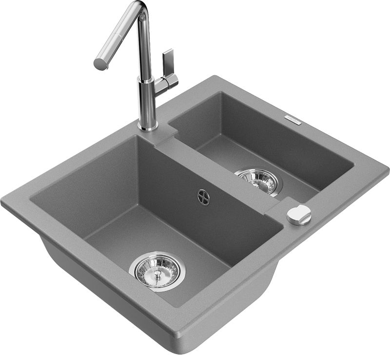 Zlewozmywak granitowy Mexen Carlos 1,5-komorowy z baterią kuchenną Flora szary 6518-71-670401-00