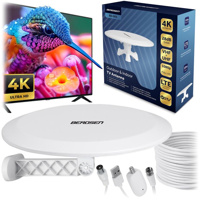 Antena TV wewnętrzno-zewnętrzna Berdsen BD-955 biała DVB-T2 Ultra HD 4K filtr LTE 1 szt.