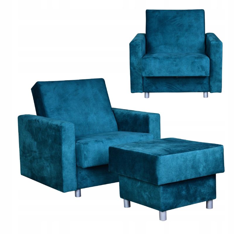 Fotel do salonu rozkładany z podnóżkiem pojemnikiem Family Meble Alicja niebieski ciemny 1szt