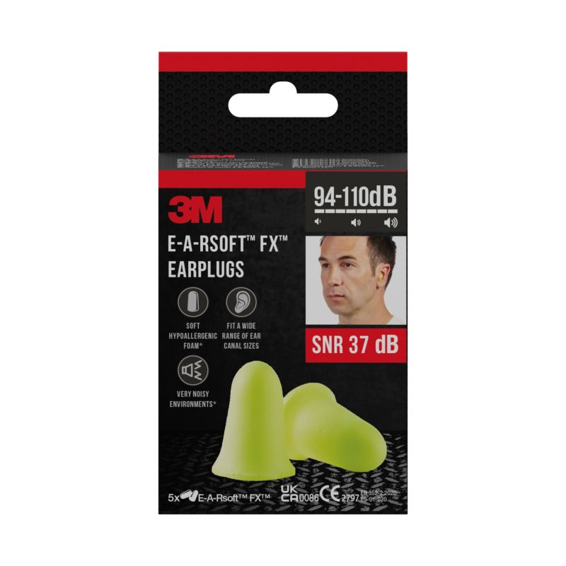 Zatyczki do uszu 3M E-A-Rsoft FX miękka pianka poliuretanowa współczynnik SNR 37 dB żółte 5 par