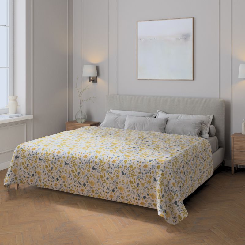 Pled narzuta 220x260cm Dekoria 220x260cm żółto-niebieskie kwiaty na kremowym tle 1 szt.