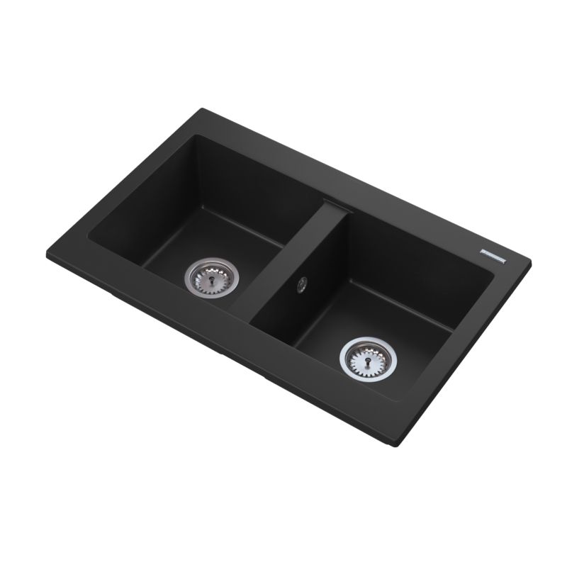 Zlewozmywak Granitowy Dwukomorowy Granitan Verso Czarny Do Kuchni Zestaw Zlew Syfon 1 kpl.