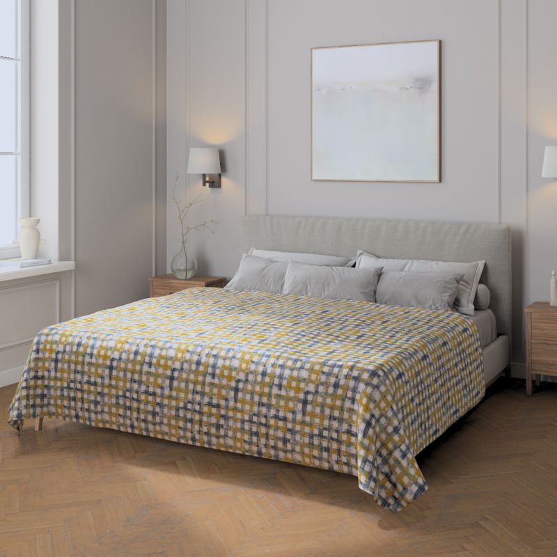 Pled narzuta 220x260cm Dekoria 220x260cm niebiesko-żółta krata na kremowym tle 1 szt.
