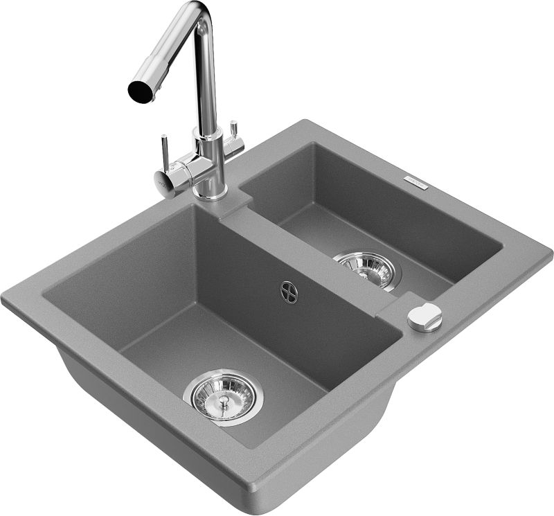 Zlewozmywak granitowy Mexen Carlos 1,5-komorowy z baterią kuchenną Duero szary 6518-71-671600-00