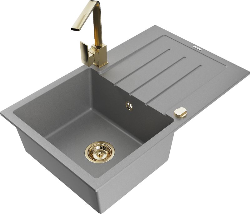 Zlewozmywak granitowy Mexen Bruno 1-komorowy z ociekaczem i baterią kuchenną Rita szary 6513-71-670300-50